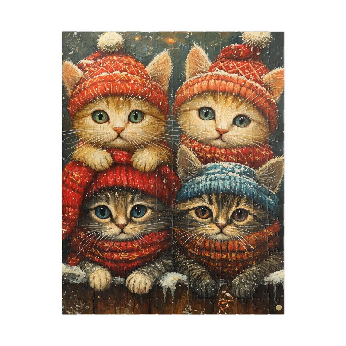 Four Kittens in Knit Hats and Scarves on Snowy Fence Cute Cat Poster - Image 5