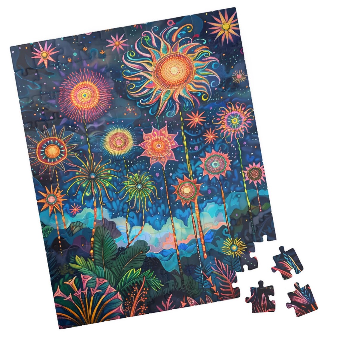 Tropical Firework Flowers Blooming Over a Night Garden Poster