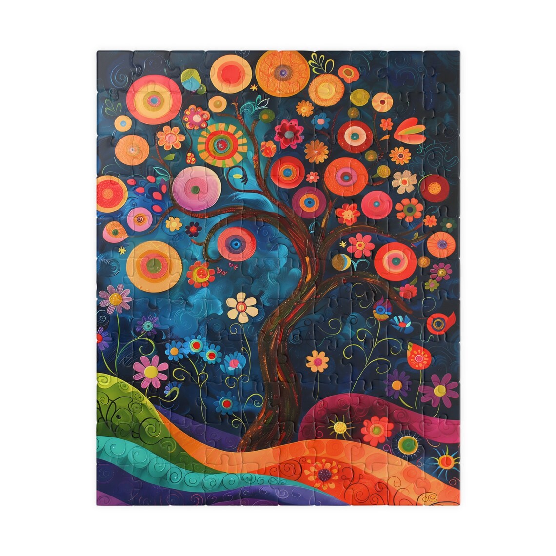 Folk Art Tree of Life Round Blossom Night Sky Colorful Poster - Image 2