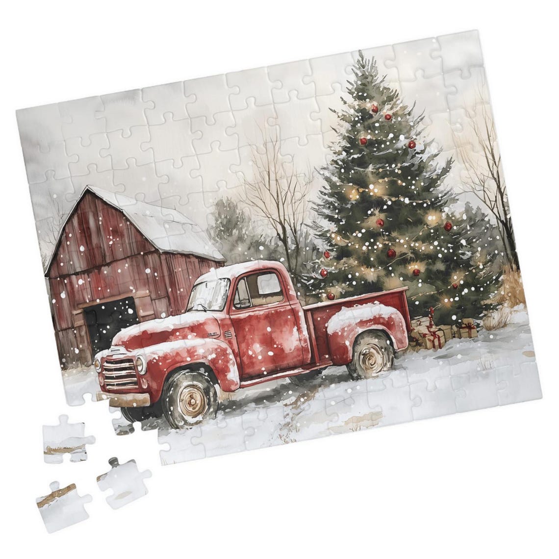 Vintage Red Truck With Christmas Tree by Snowy Barn Winter Poster