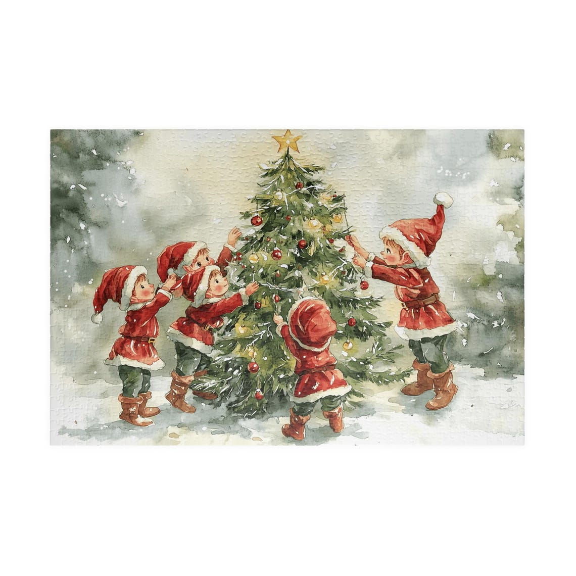 Four Little Helpers Decorating A Christmas Tree Watercolor Print - Image 3