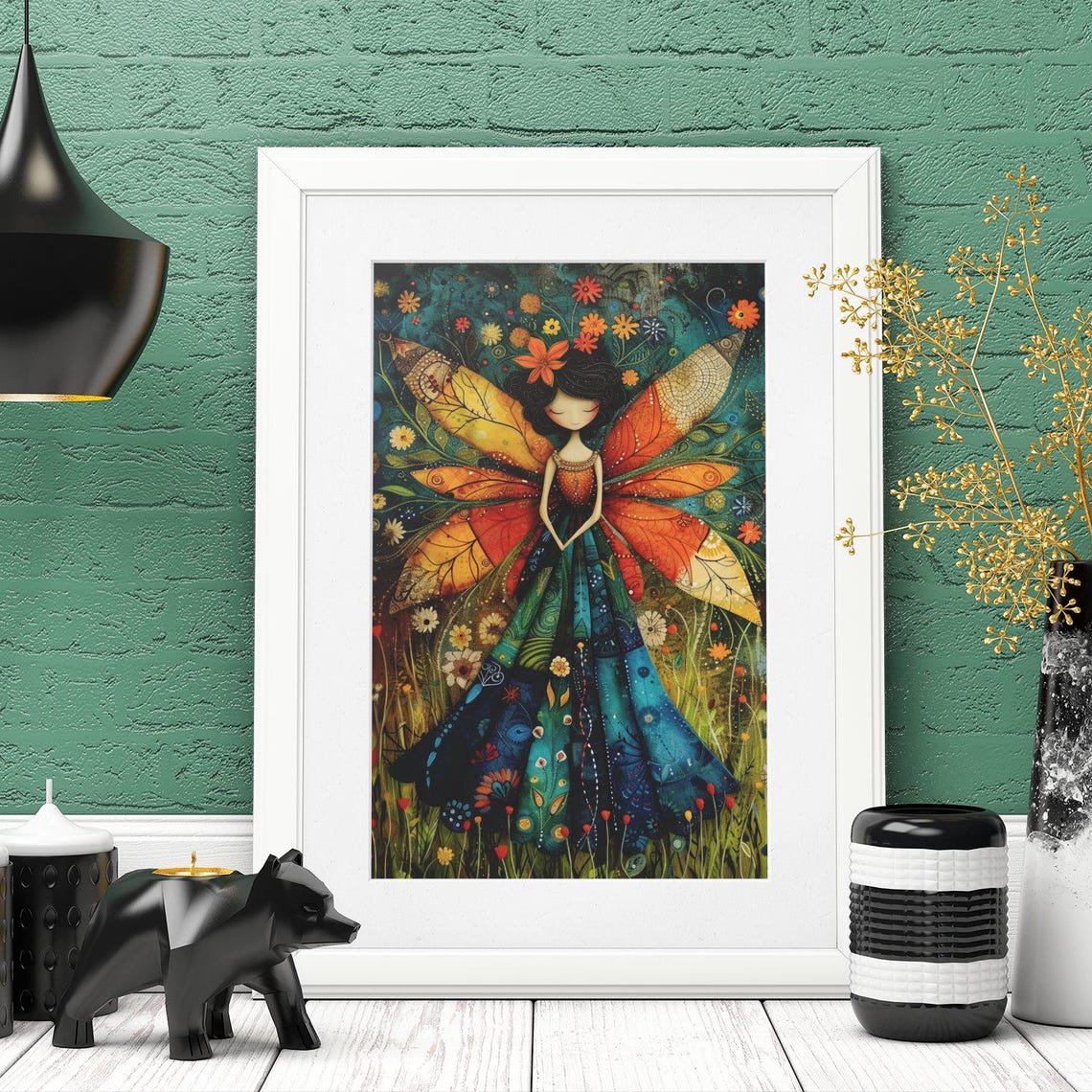Folk Art Fairy With Orange Butterfly Wings Flower Meadow Poster - Image 2