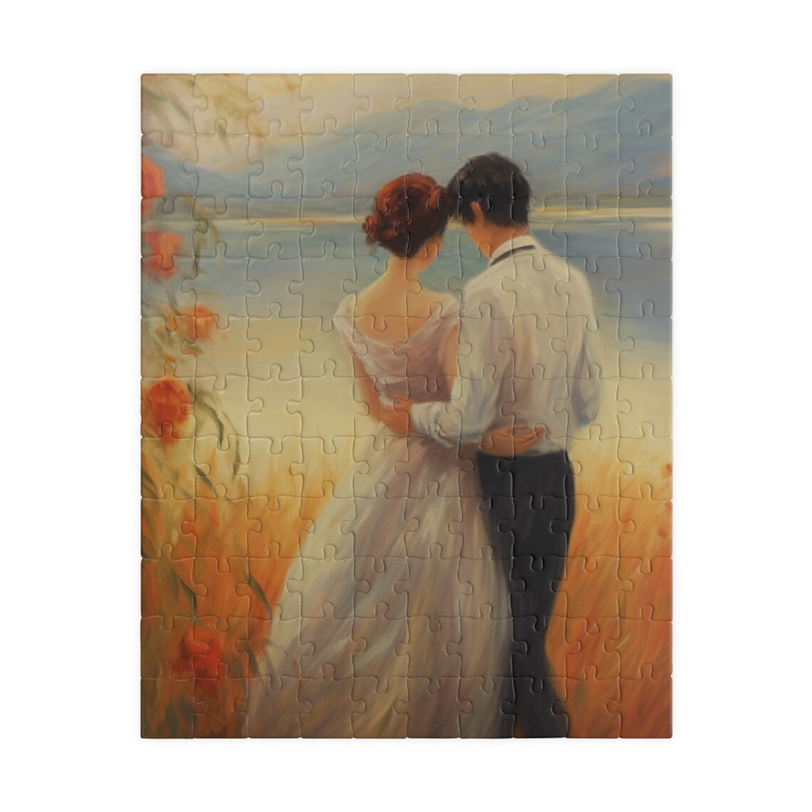 Romantic Couple Embracing By A Golden Sunset Lake Art Poster - Image 5
