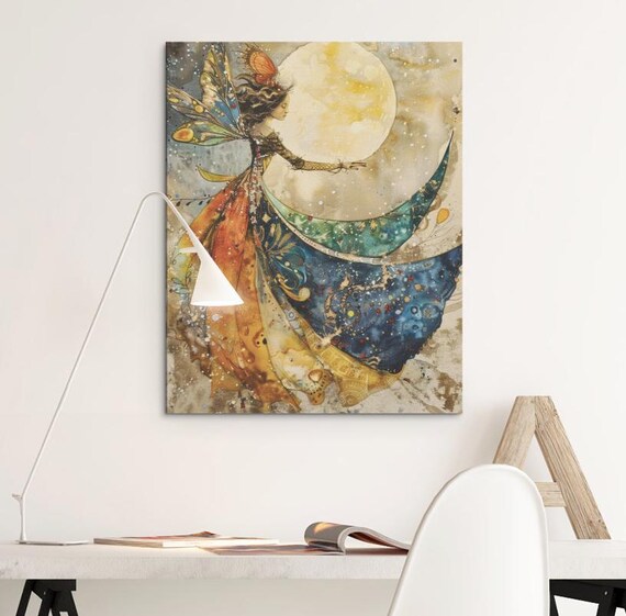 Fairy Embracing the Full Moon in a Starry Night Gown Watercolor Poster