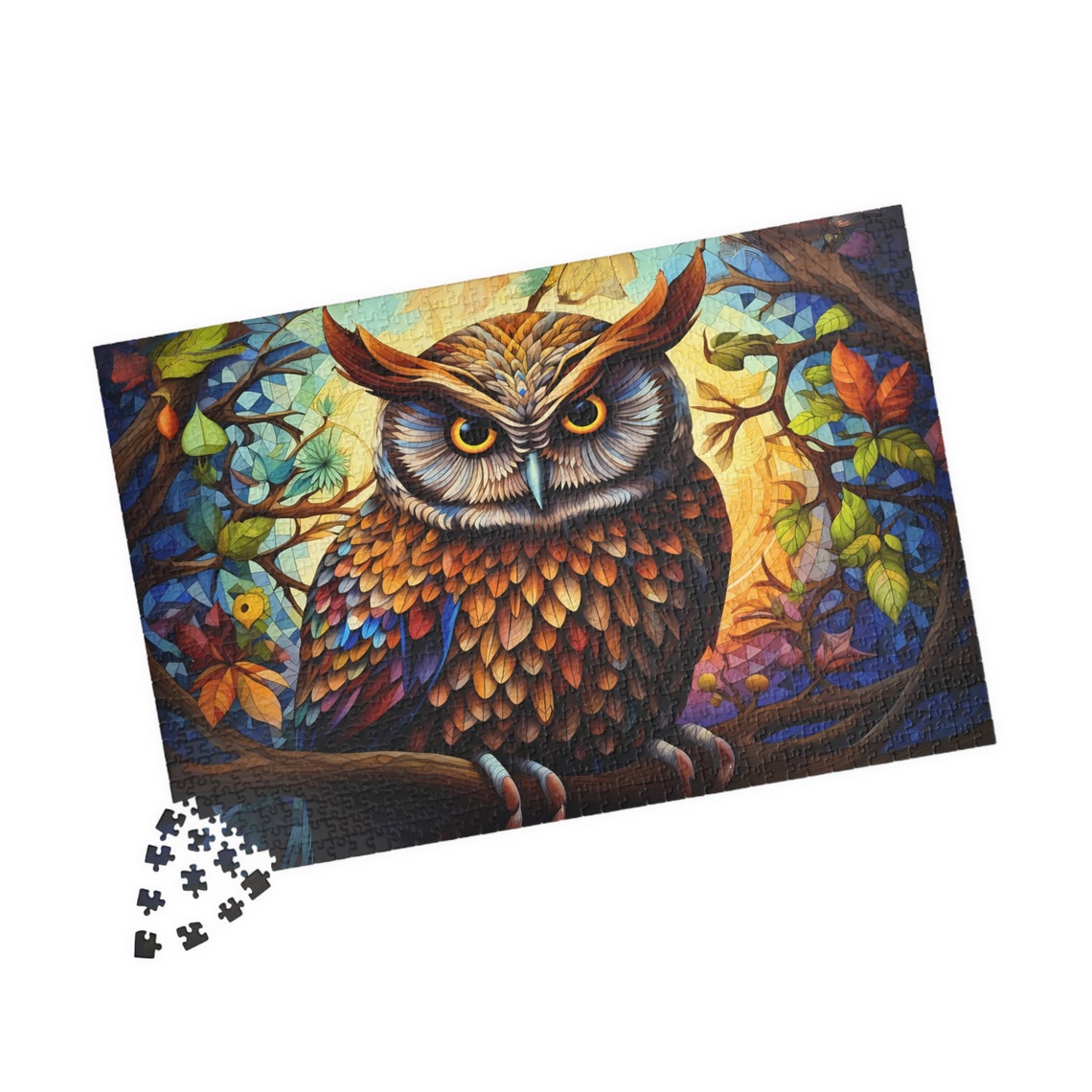 Colorful Mosaic Owl Perched on a Branch in Stained Glass Style Print - Image 3