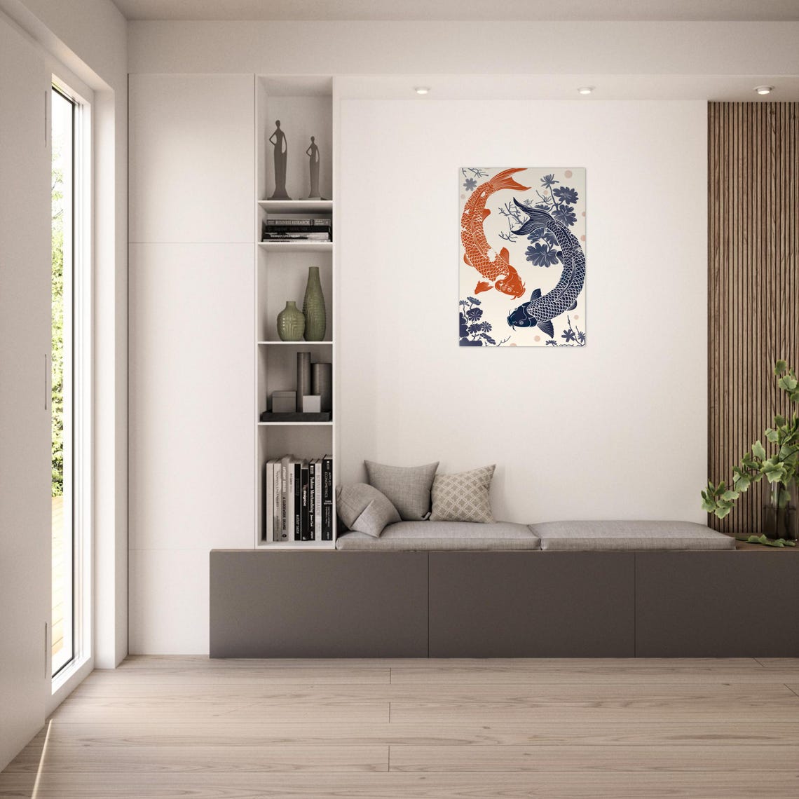Koi Fish Poster Two Koi Fish In Linocut Style Harmony And Balance In Blue And Orange Premium Posters In A4 To A0 Koi Yin Yang - Image 2