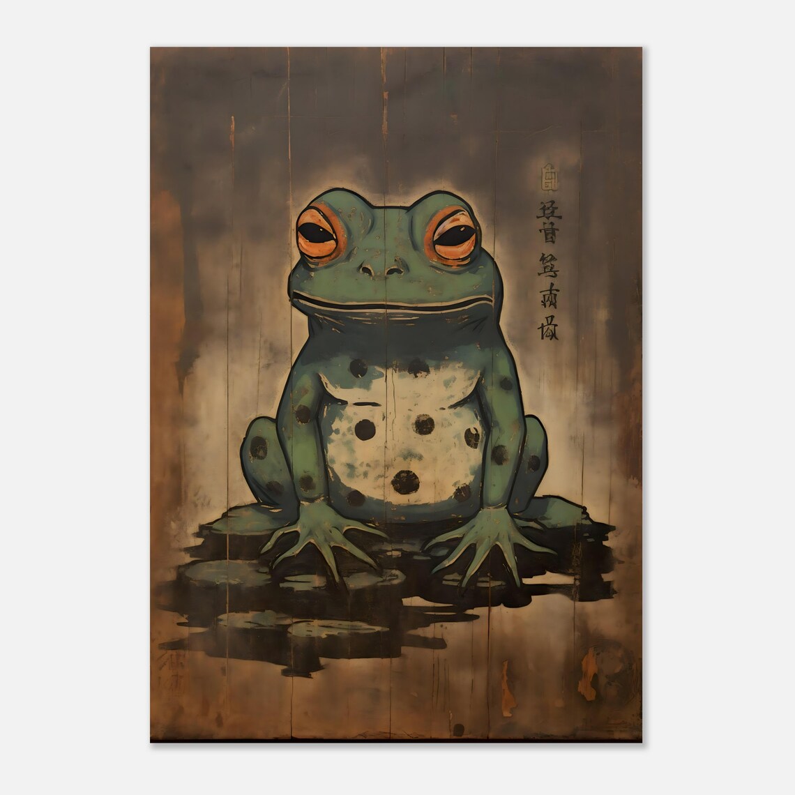 Japanese Woodblock Style Spotted Frog Portrait On Dark Vintage Background Poster - Image 7