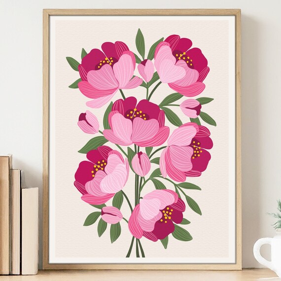 Pink Peony Bouquet Floral Botanical Illustration Cottagecore Poster