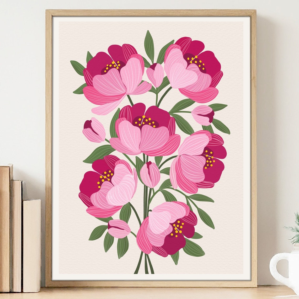 Pink Peony Bouquet Floral Botanical Illustration Cottagecore Poster