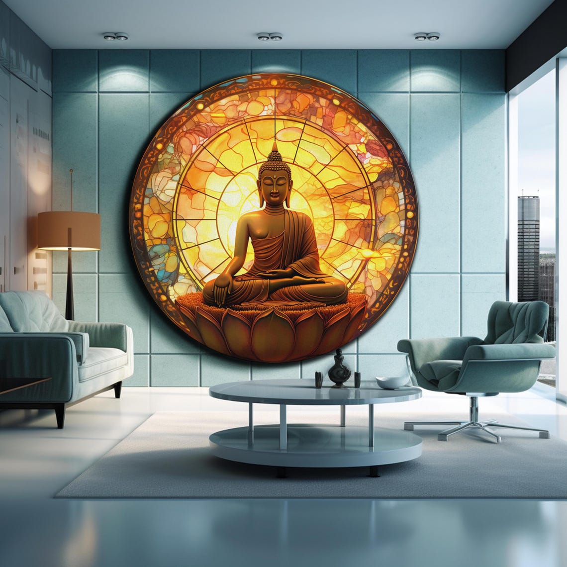 Buddha Golden Stained Glass Sunburst Lotus Meditating Wall Art - Image 2