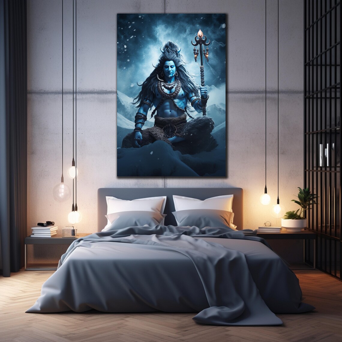 Lord Shiva Meditating in Himalayas Hindu God Wall Art Blue Poster - Image 2