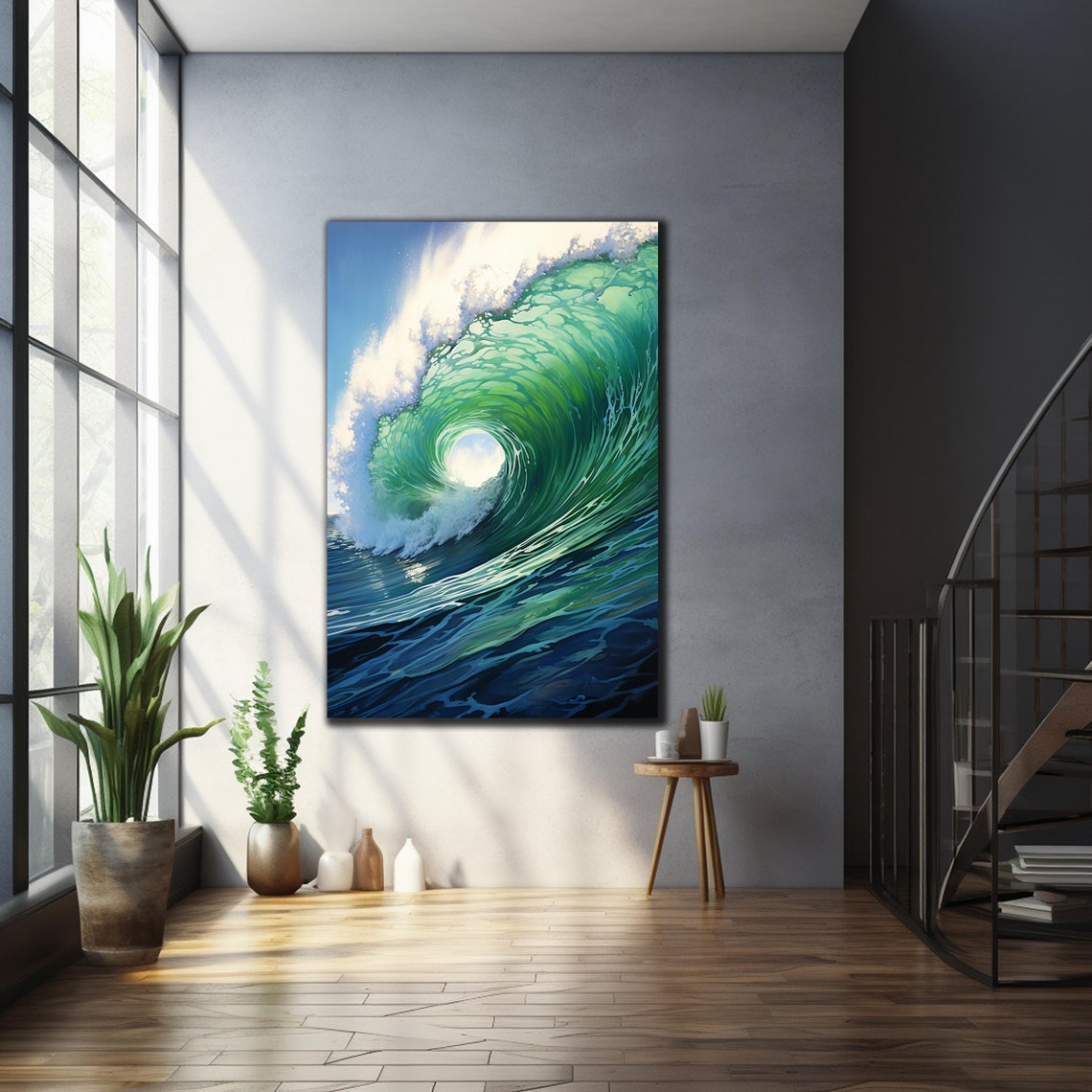 Emerald Green Ocean Wave Barrel Sun Through Tube Surf Painting Poster - Image 2