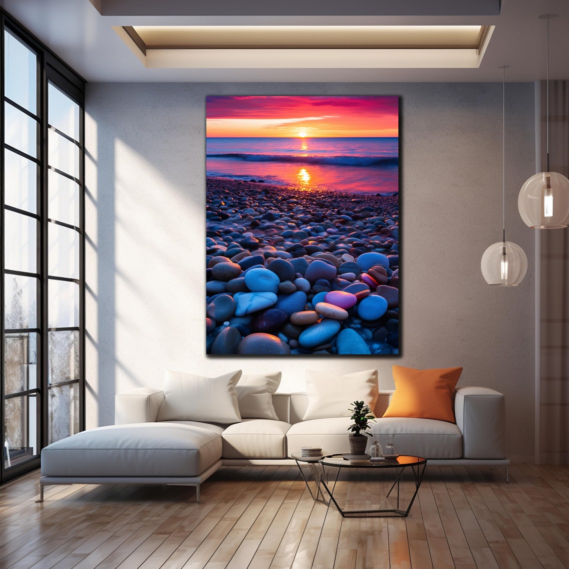 Pebble Beach Sunset Pink Orange Sky Smooth Stones Travel Poster - Image 4