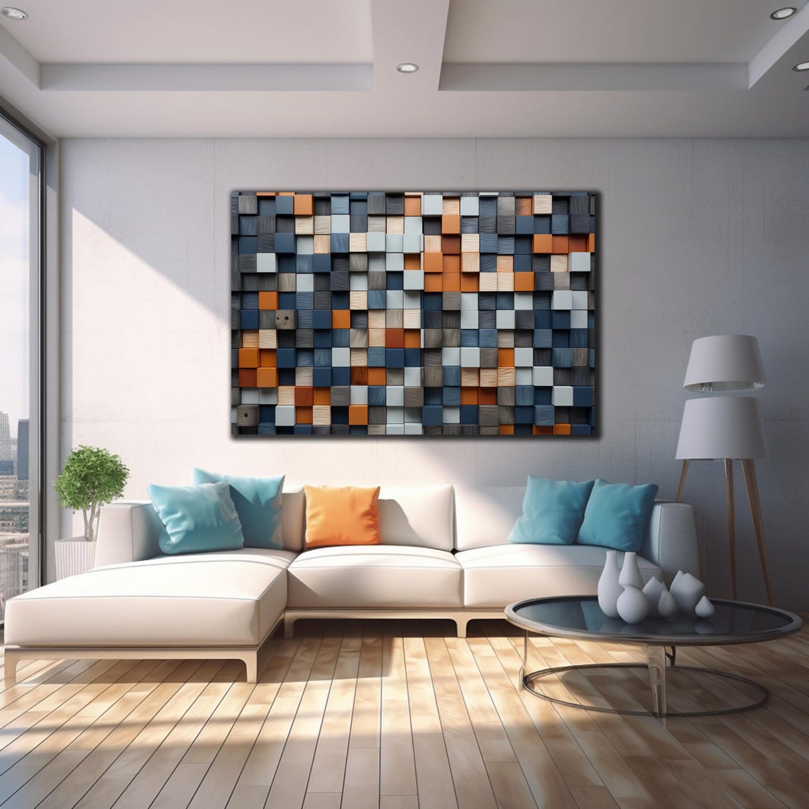 Gray Orange Navy Blue 3D Wooden Cube Block Geometric Wall Art - Image 4