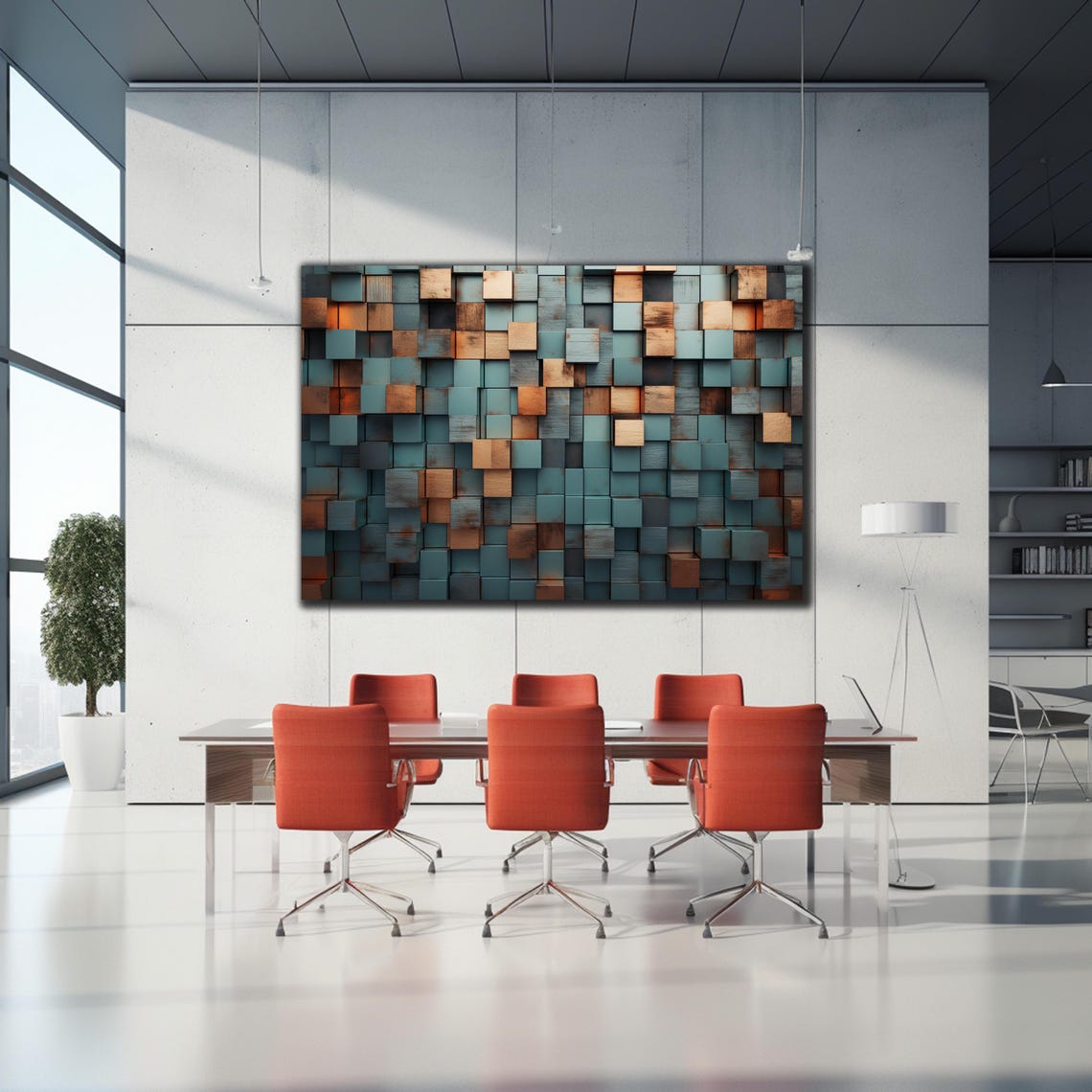 Geometric Wood Cube 3D Teal Copper Abstract Wall Blocks Art Print - Image 2