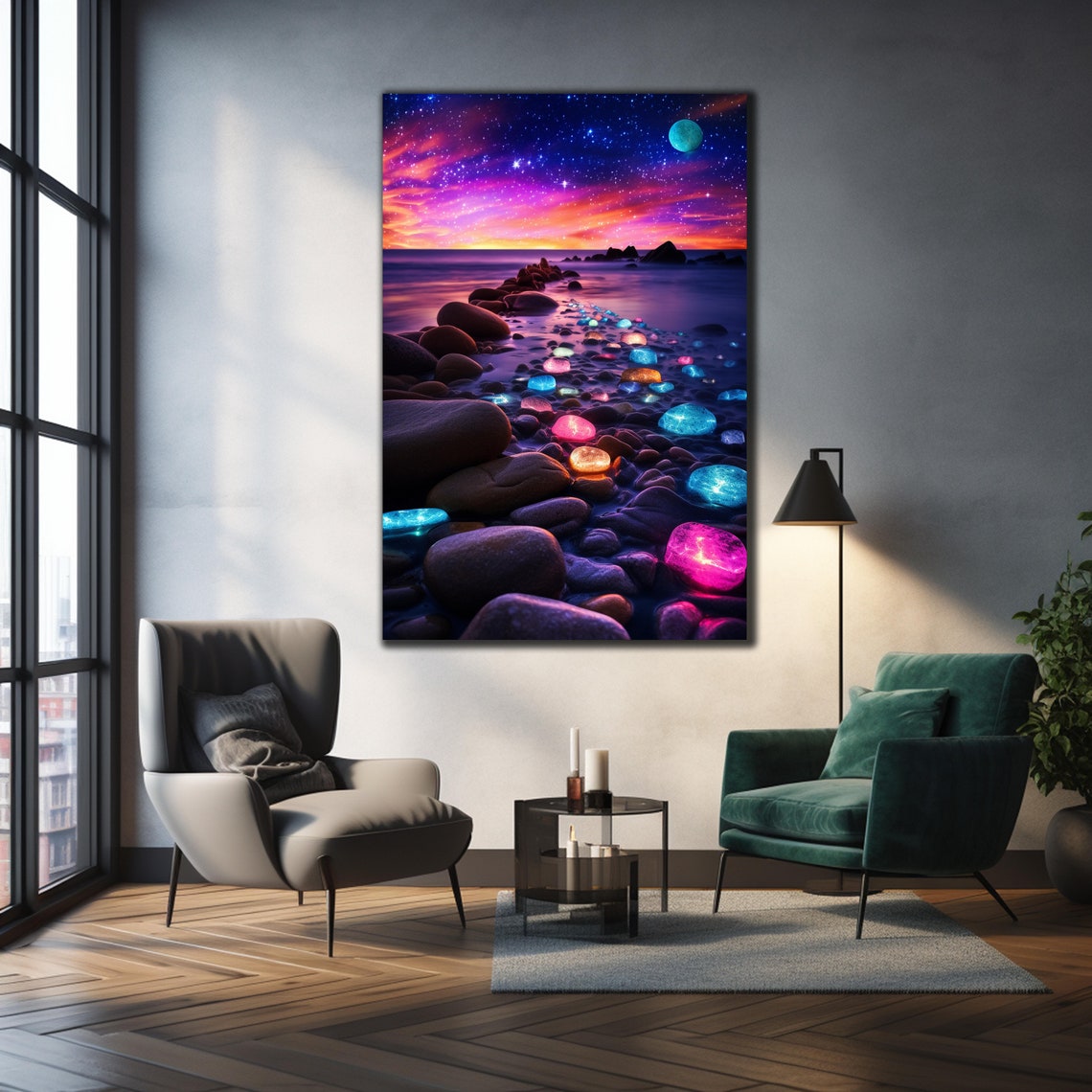 Galaxy Beach Sunset Glowing Colorful Stones Moonlight Sky Art Poster - Image 2