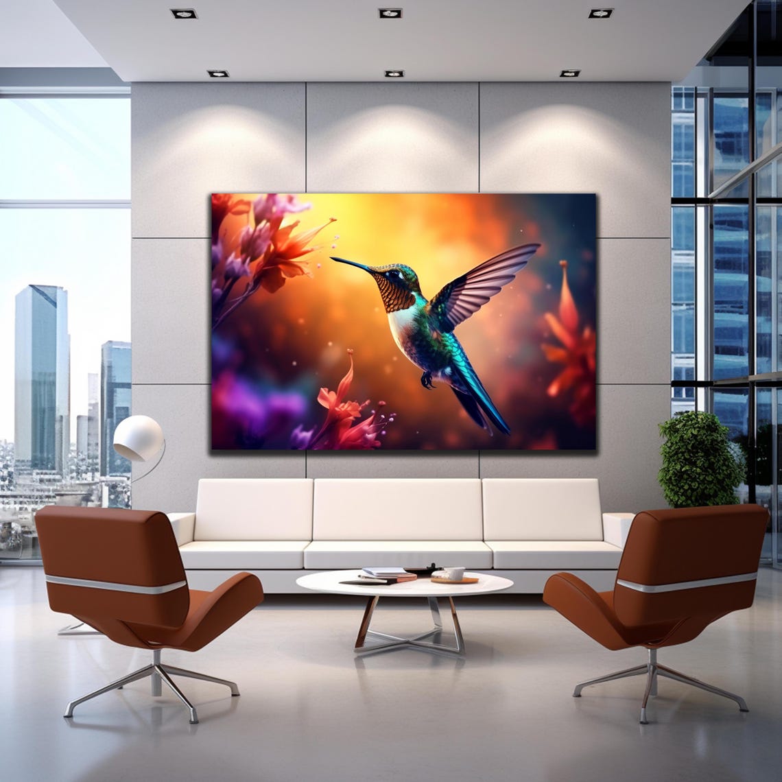 Iridescent Hummingbird Golden Sunset Orange Flowers Flight Poster - Image 2