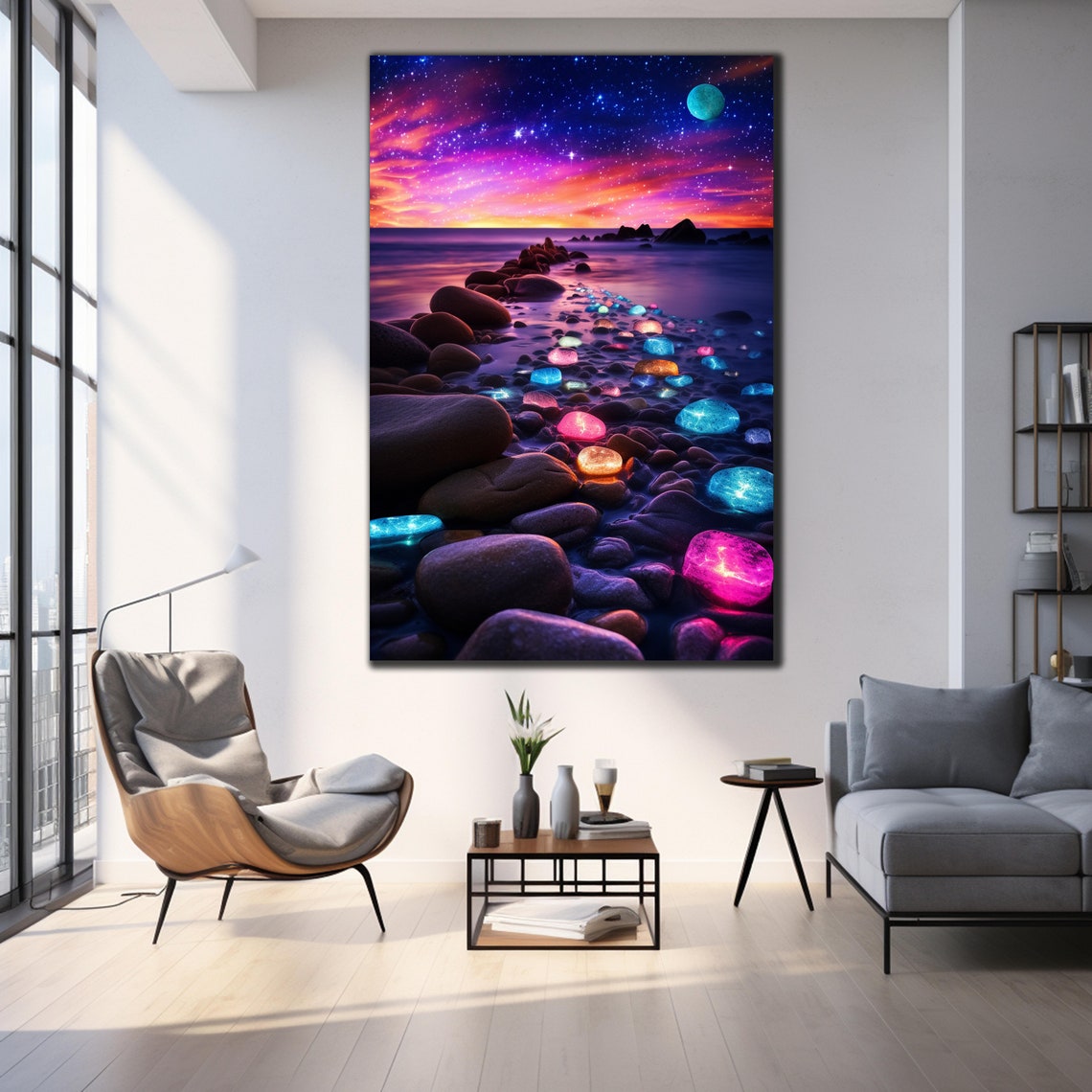 Galaxy Beach Sunset Glowing Colorful Stones Moonlight Sky Art Poster - Image 3