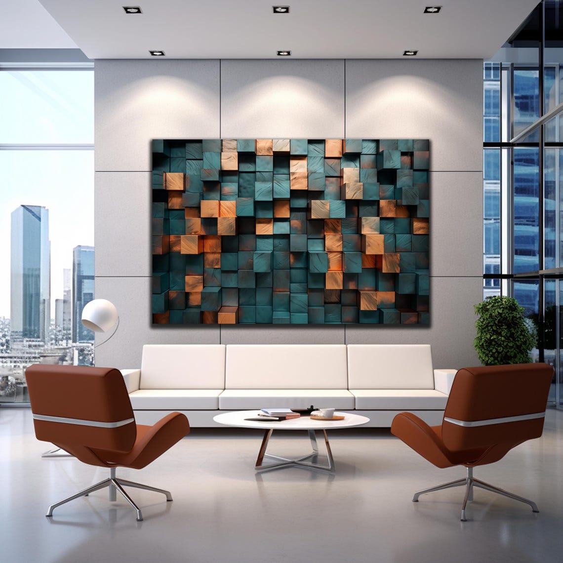 Teal Wooden Cube Blocks 3D Texture Abstract Geometric Wall Poster - Image 3
