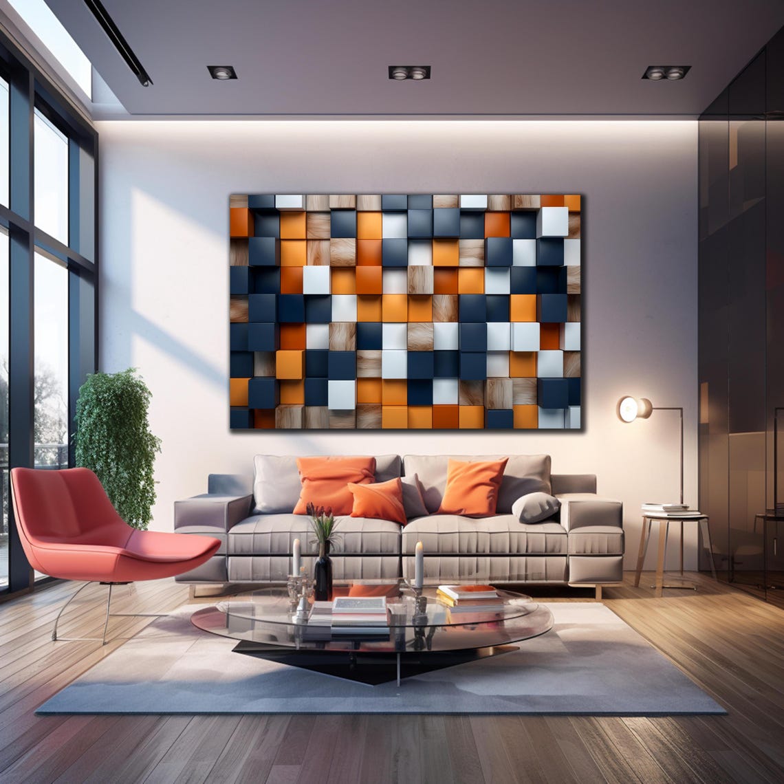 Navy Orange White Wood 3D Cube Blocks Modern Abstract Wall Art - Image 3