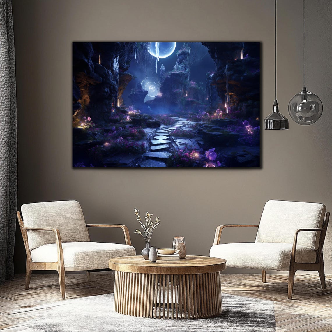 Moonlit Fantasy Cave Glowing Stone Path Purple Flowers Night Print - Image 4