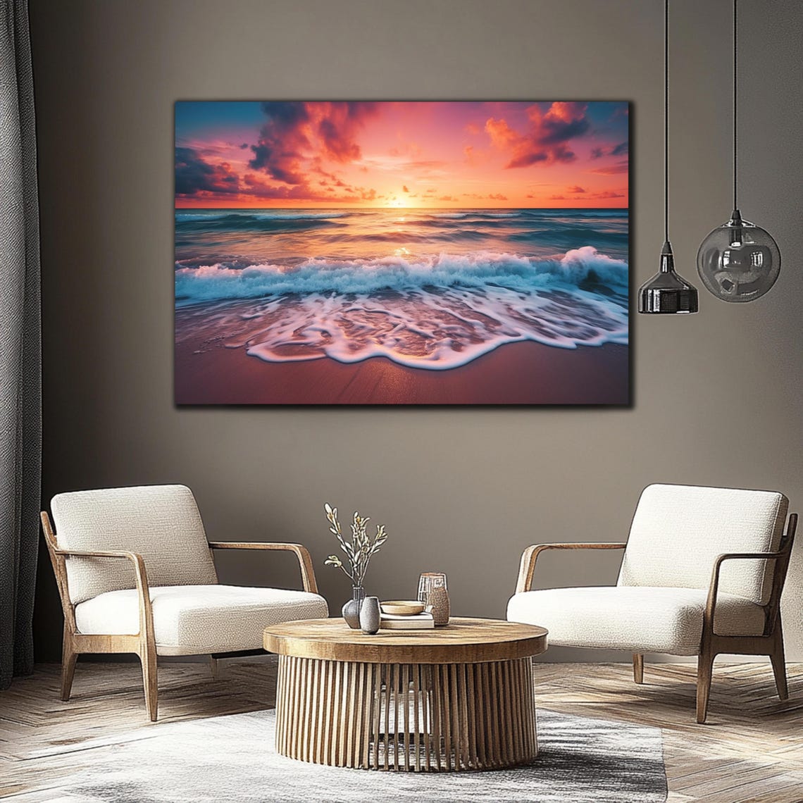Pink Sunset Beach Waves Washing Sand Tropical Ocean View Poster - Image 4