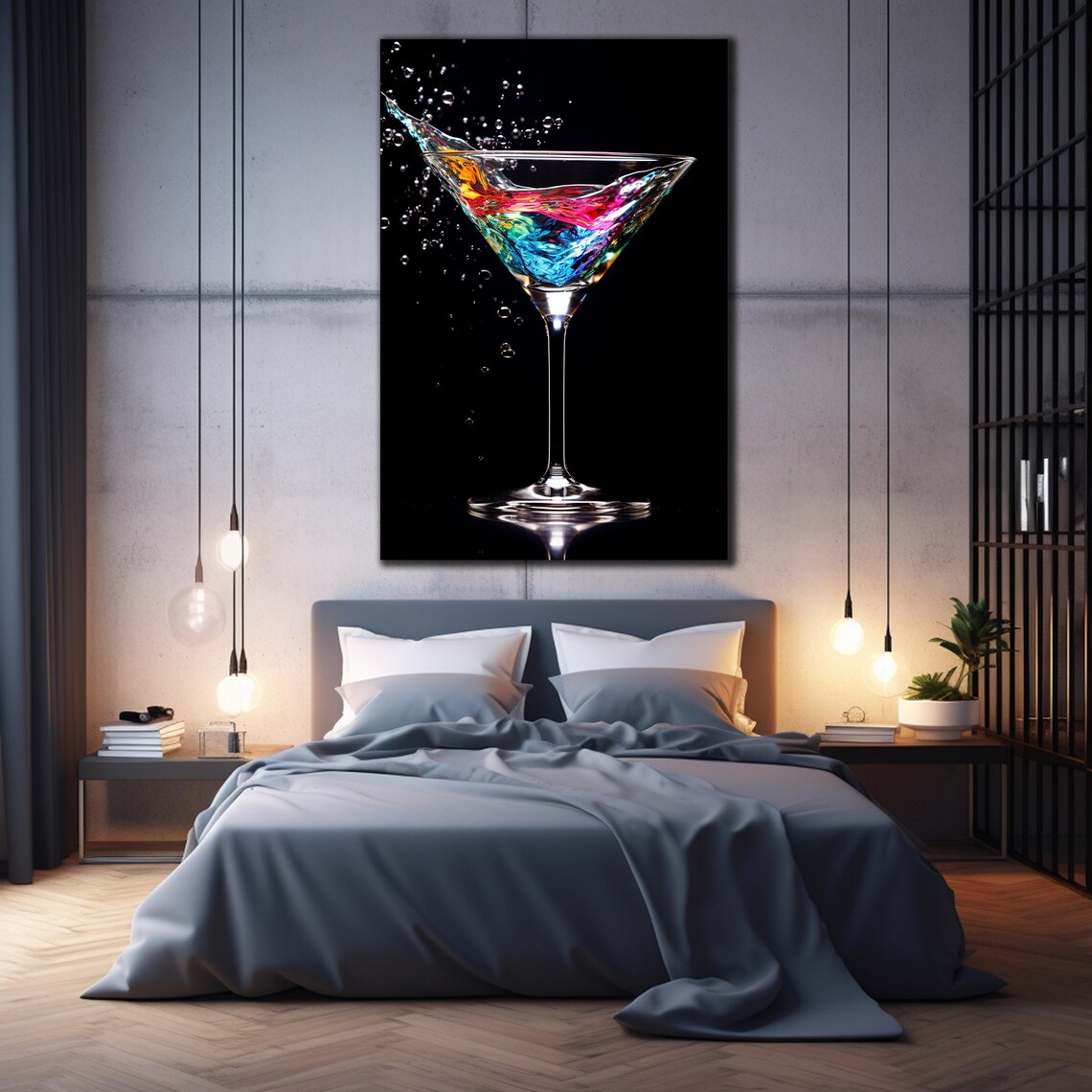 Rainbow Cocktail Splash Martini Glass Wall Art Black Background Colorful Bar Print - Image 4