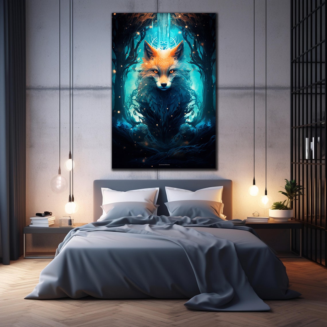 Enchanted Fox Portrait Teal Forest Fantasy Spirit Animal Wall Poster - Image 2