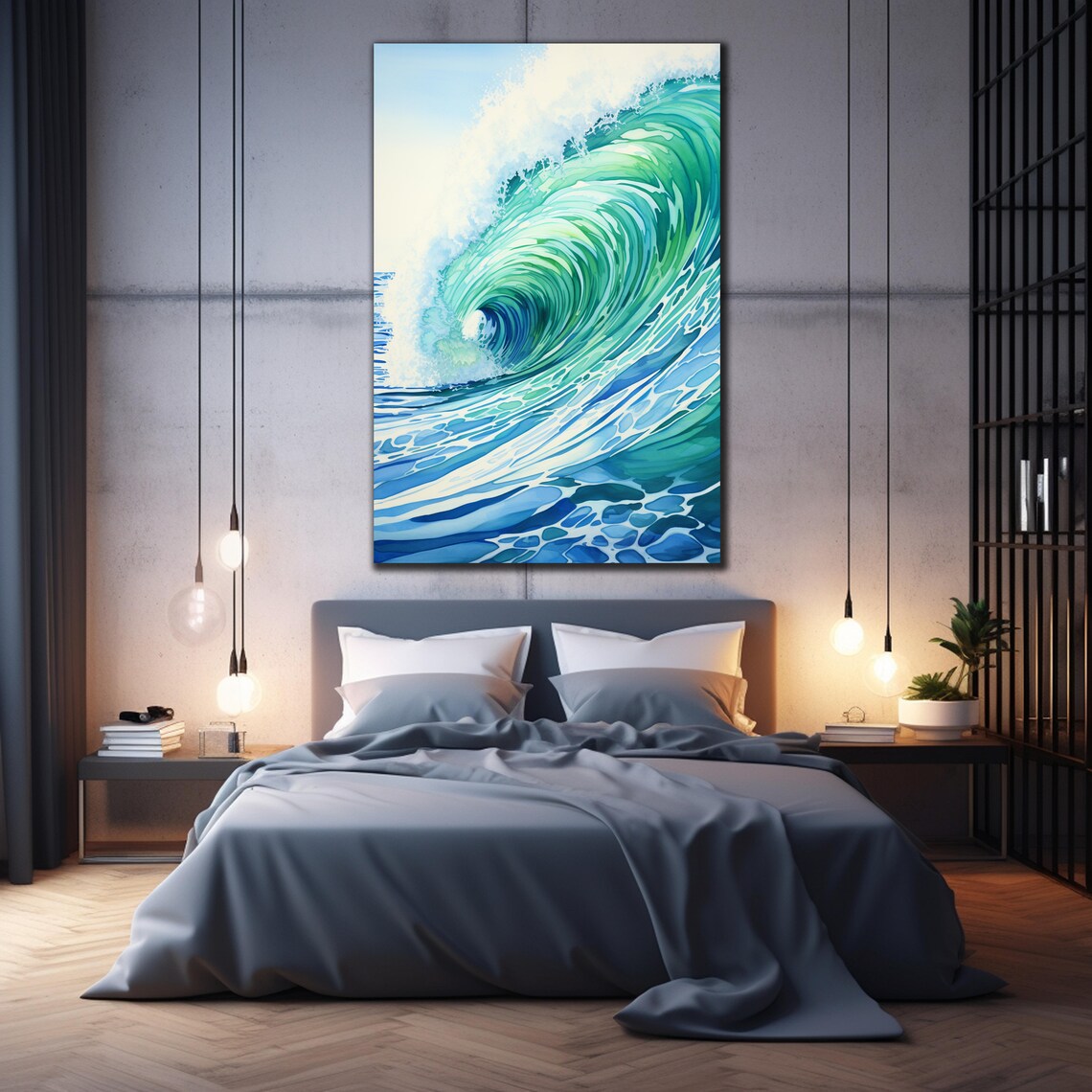 Aqua Ocean Wave Curl Watercolor Painting Sea Spray Wall Poster - Image 3