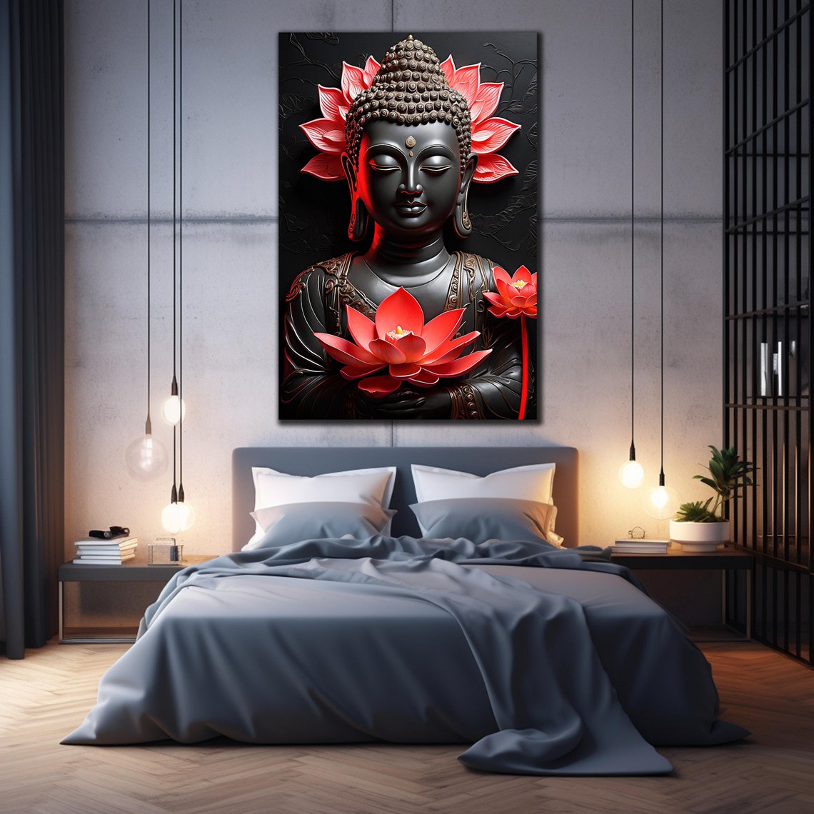 Black Buddha Statue Red Lotus Flowers Dark Zen Wall Art Poster - Image 2