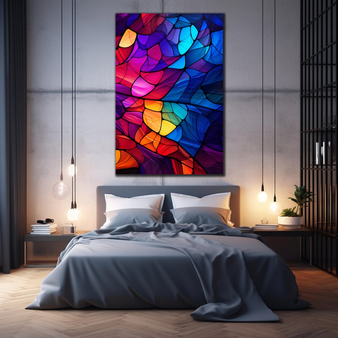 Abstract Stained Glass Mosaic Art Bold Red Blue Modern Wall Poster - Image 2