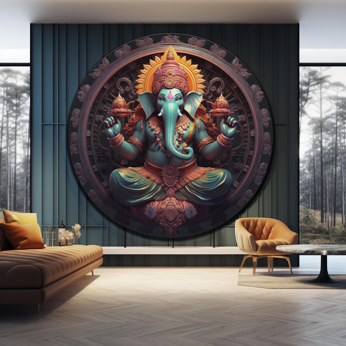 Lord Ganesha Teal Green Seated Elephant God Golden Crown Wall Art - Image 4