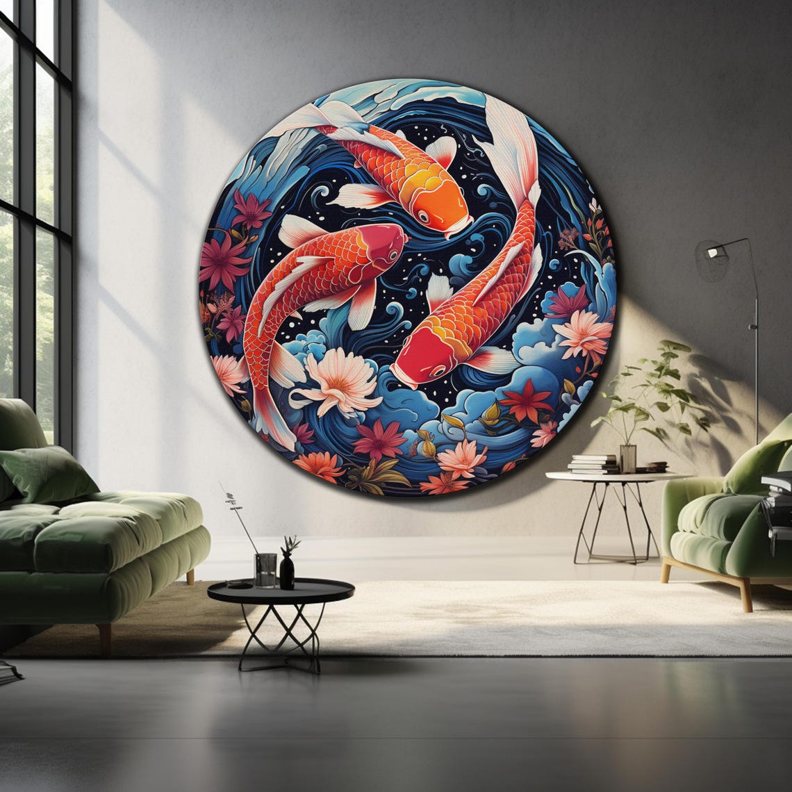Three Koi Fish Waves Flowers Round Japanese Style Wall Art Poster - Image 4
