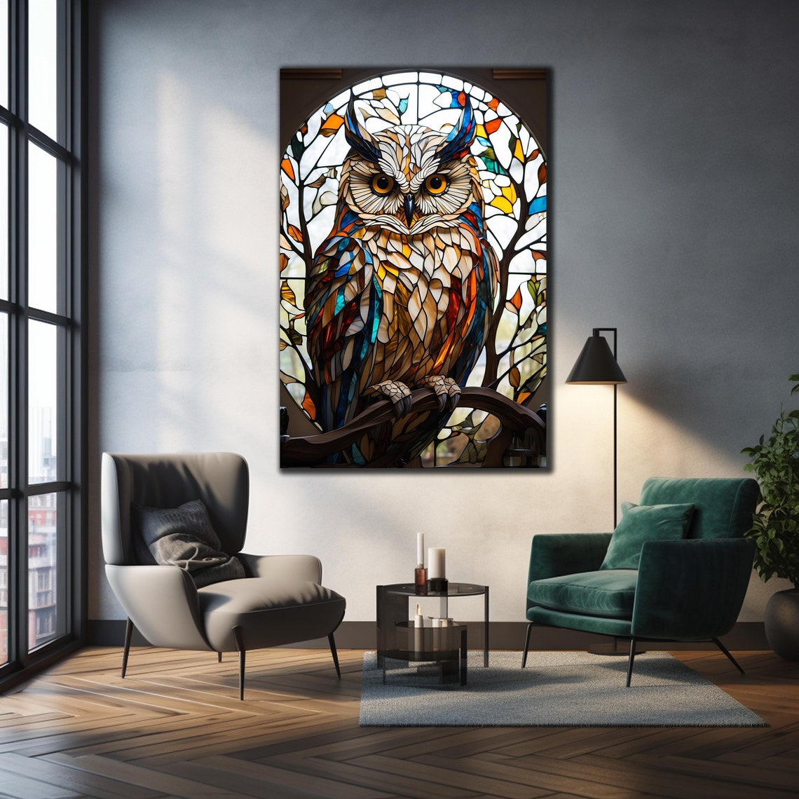 Stained Glass Owl Arched Window Autumn Leaves Colorful Art Poster - Image 2