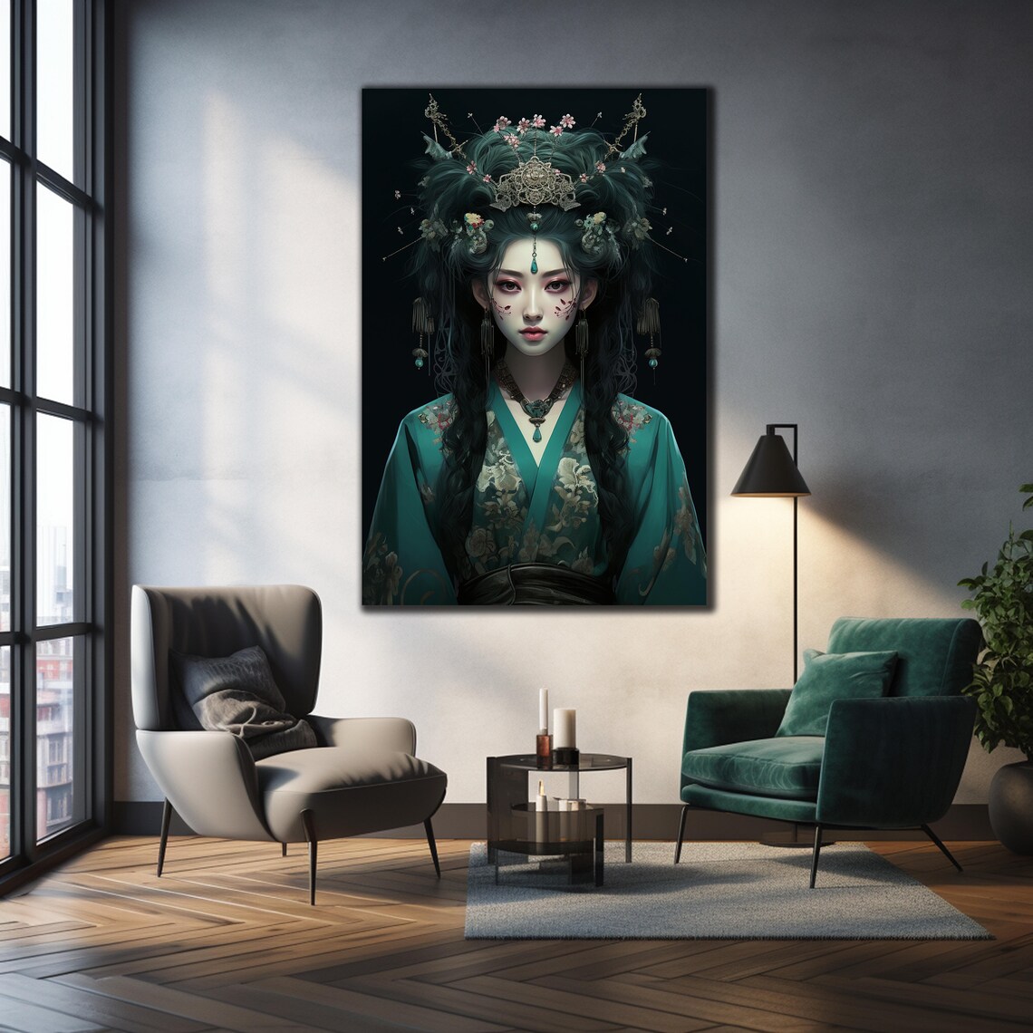 Teal Kimono Geisha Portrait Ornate Hair Dark Elegant Art Wall Poster - Image 2