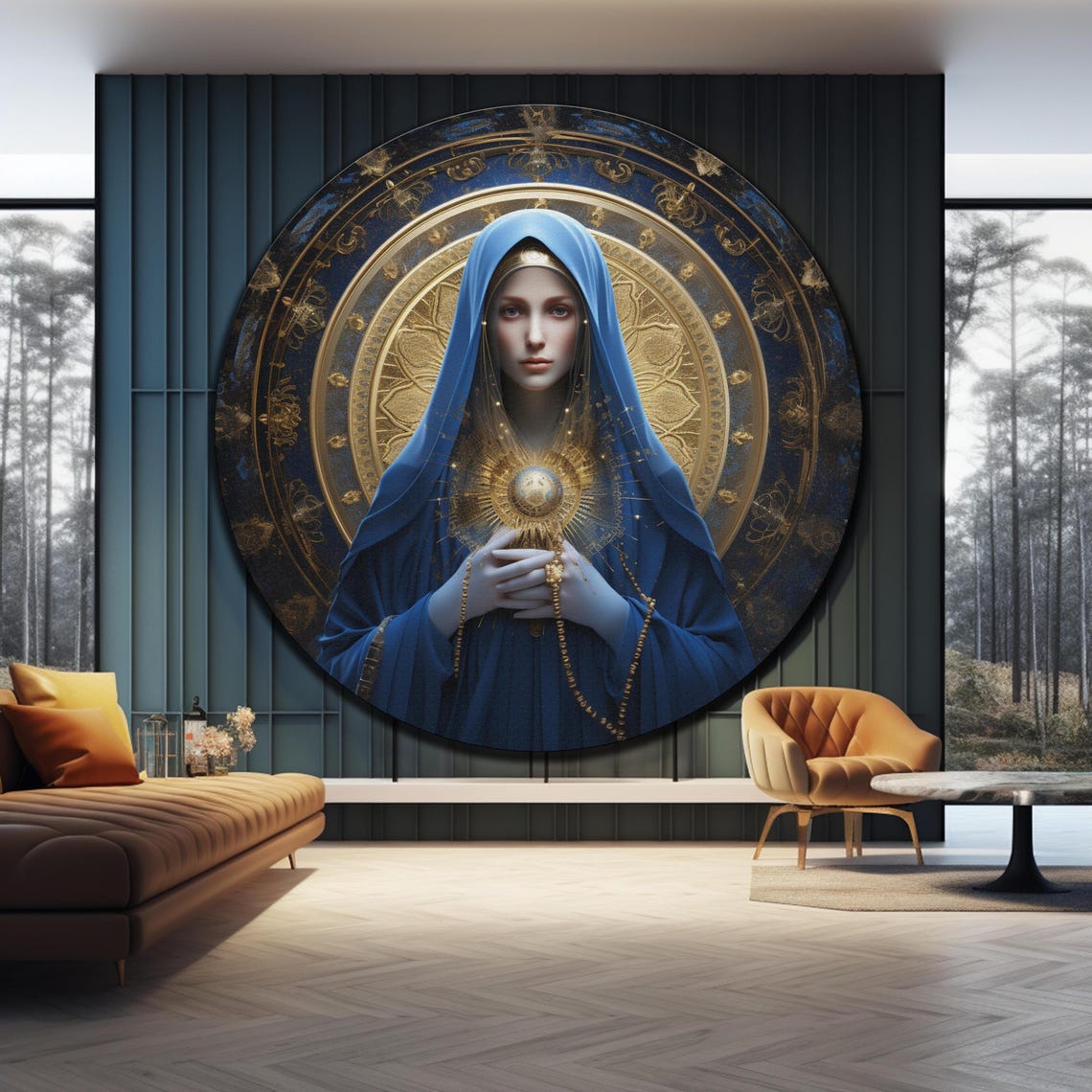 Virgin Mary Blue Robe Golden Rosary Prayer Celestial Round Wall Art - Image 4