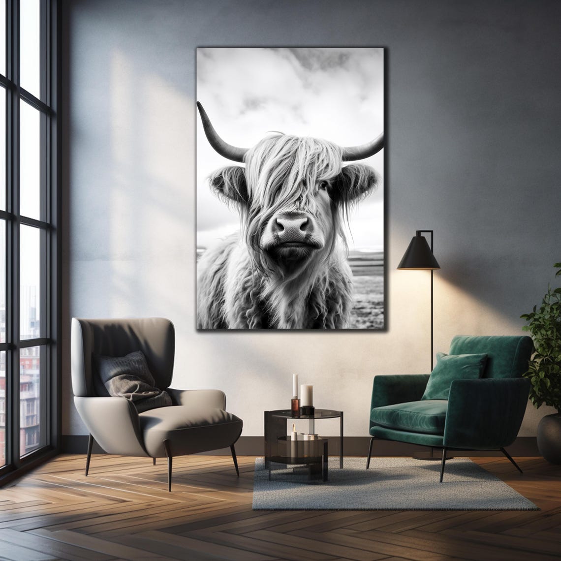 Scottish Highland Cow Black White Close Up Shaggy Portrait Poster - Image 2
