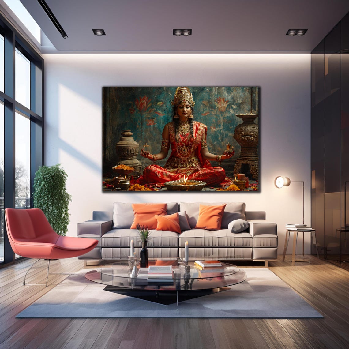 Lakshmi Hindu Goddess Meditating in Red Sari Gold Jewelry Poster - Image 3