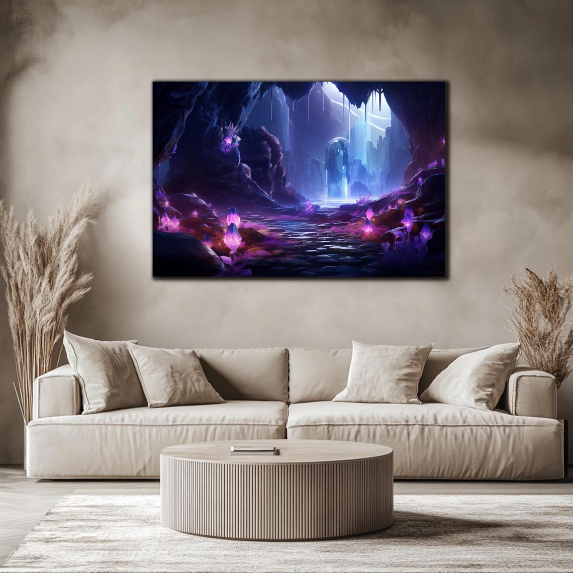 Purple Crystal Cave Glowing Waterfall Pink Blooms Fantasy Art Print - Image 4