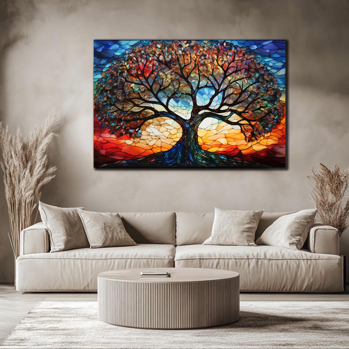 Tree of Life Sunset Stained Glass Mosaic Orange Sky Art Wall Art - Image 4