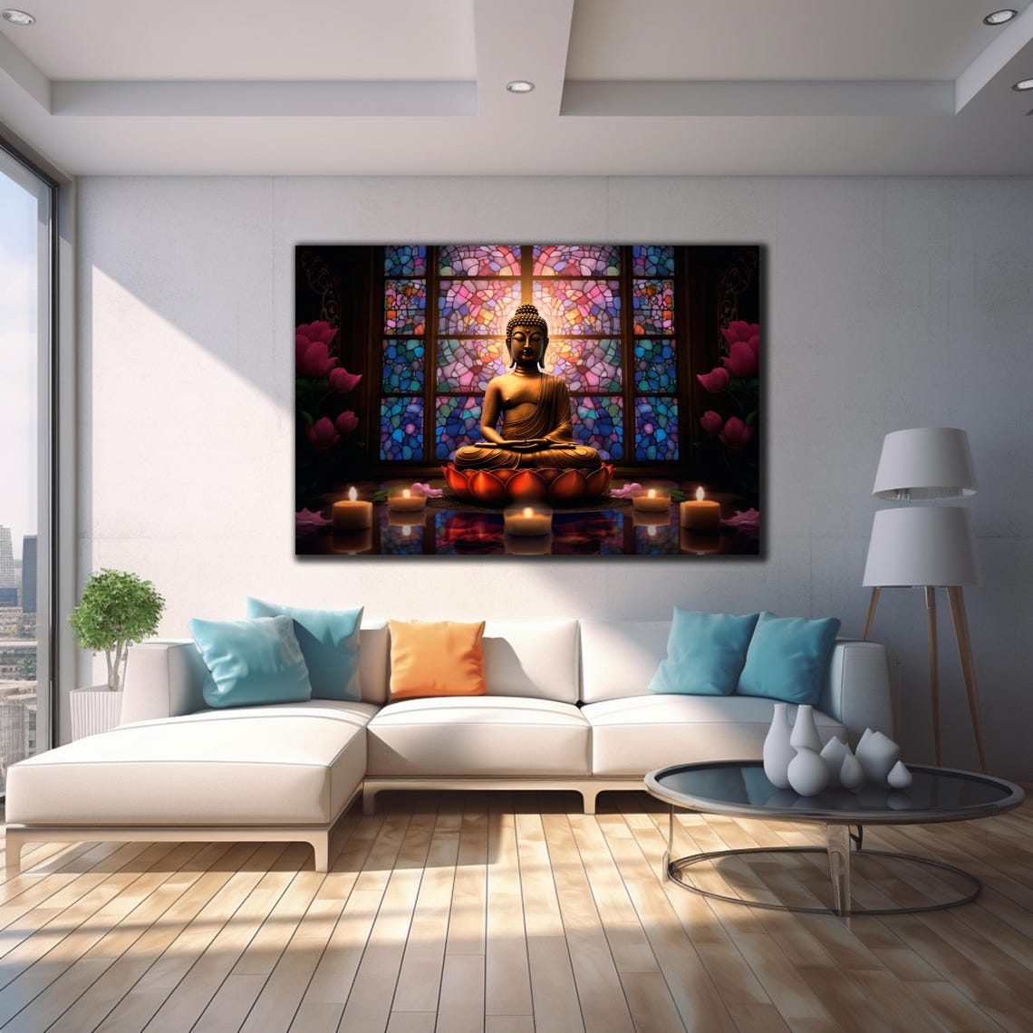 Buddha Lotus Stained Glass Window Serene Meditation Temple Wall Art - Image 4