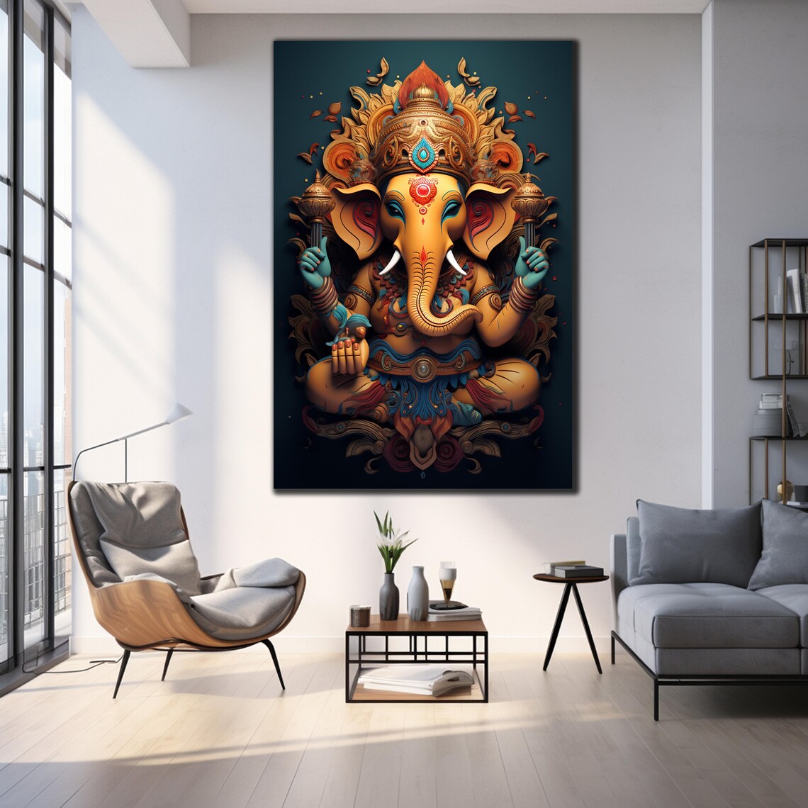 Golden Lord Ganesha Mandala Halo Teal Ornate Hindu Art Wall Poster - Image 3