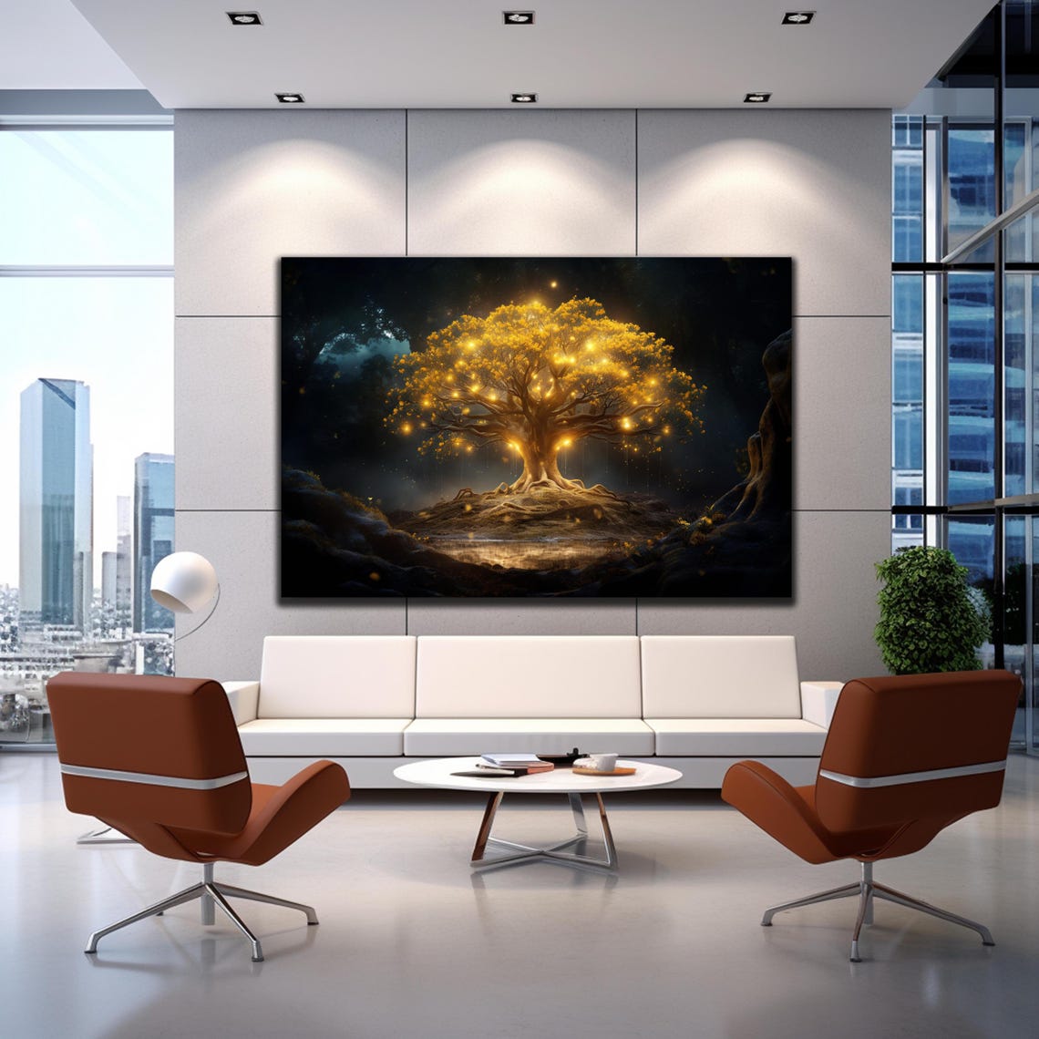 Golden Glowing Tree of Life Night Forest Firefly Magic Wall Art - Image 3