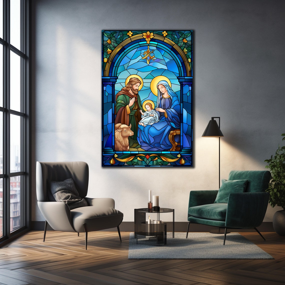 Holy Family Stained Glass Nativity Mary Joseph Jesus Lamb Art Poster - Image 3