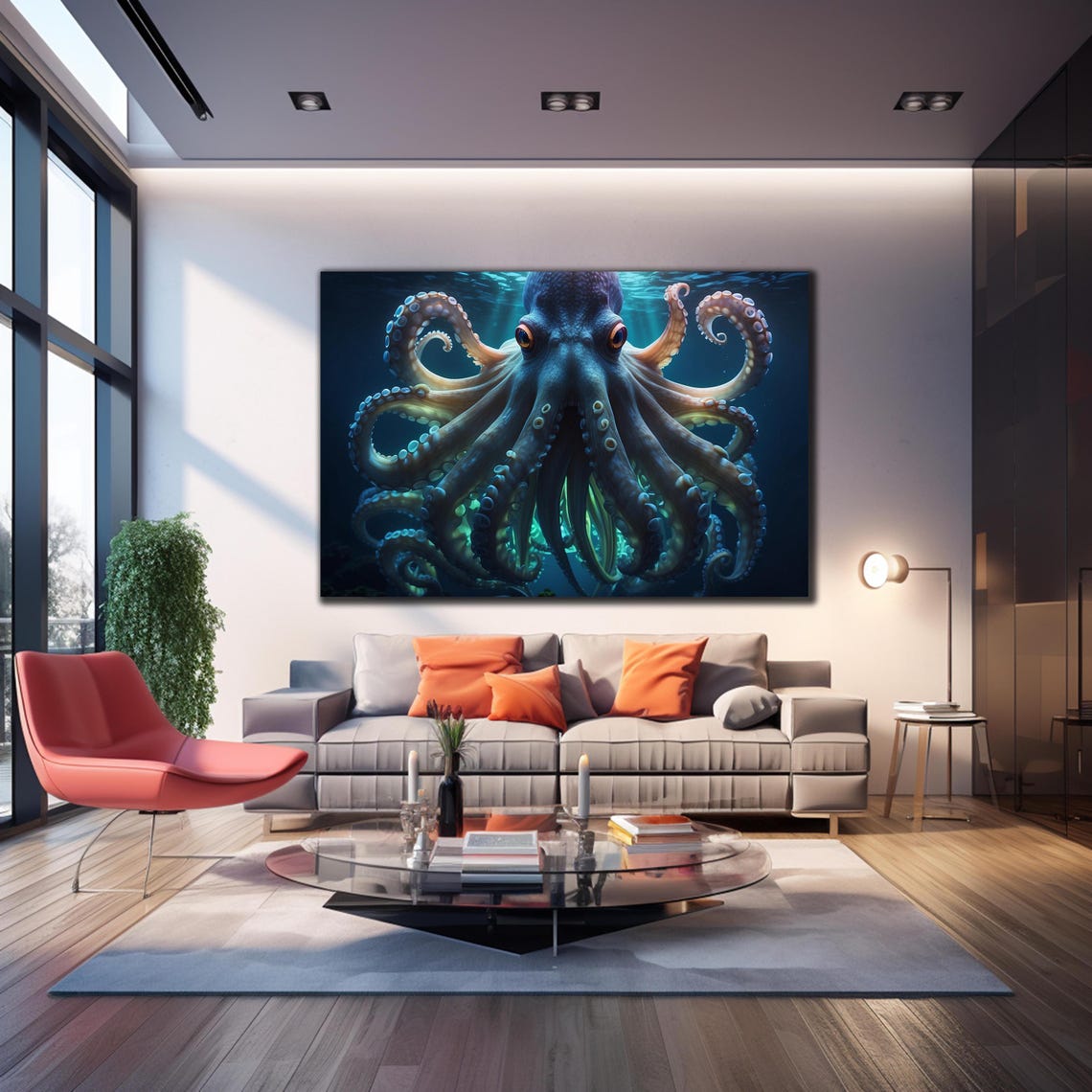 Realistic Giant Octopus Front View Sunlit Ocean Deep Sea Poster - Image 3
