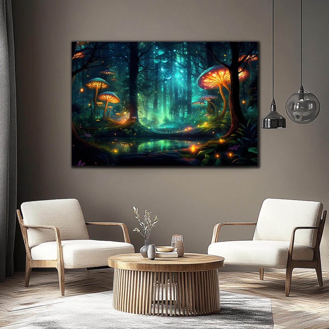 Enchanted Glowing Mushroom Forest Fireflies Night Magic Wall Art - Image 4