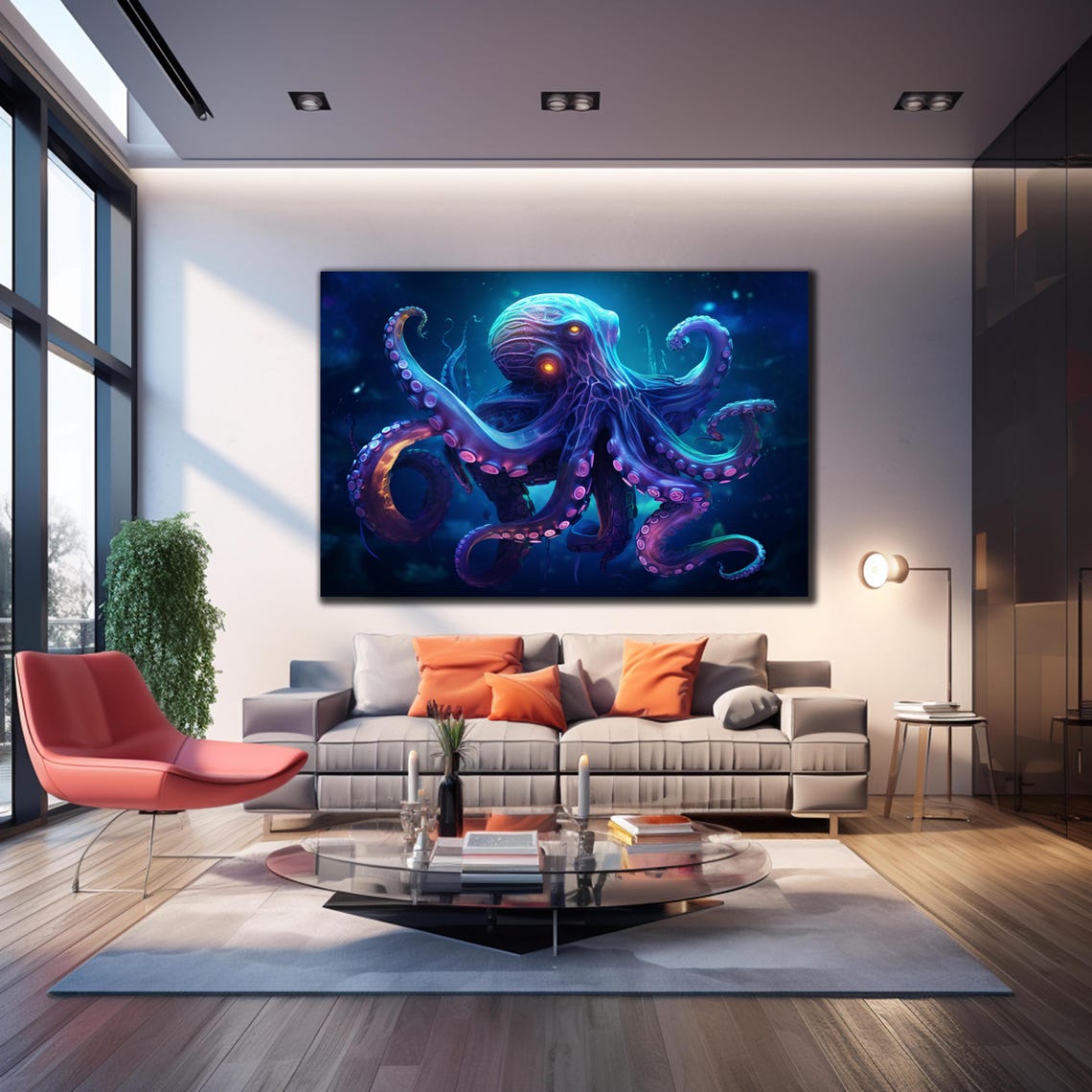 Glowing Purple Octopus Underwater Blue Neon Tentacles Sea Poster - Image 3