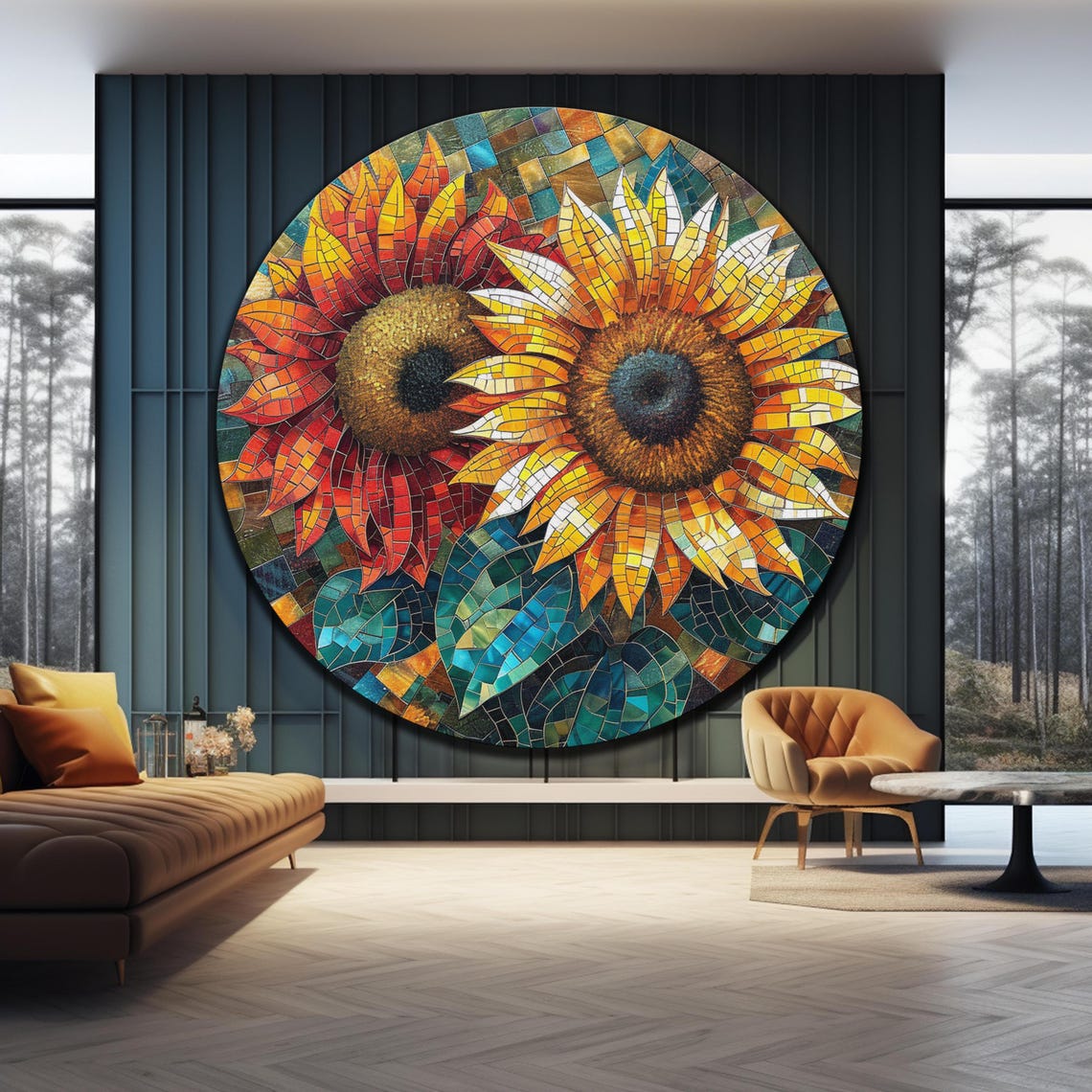 Sunflower Mosaic Round Two Flowers Yellow Orange Glass Wall Art Poster - Image 4