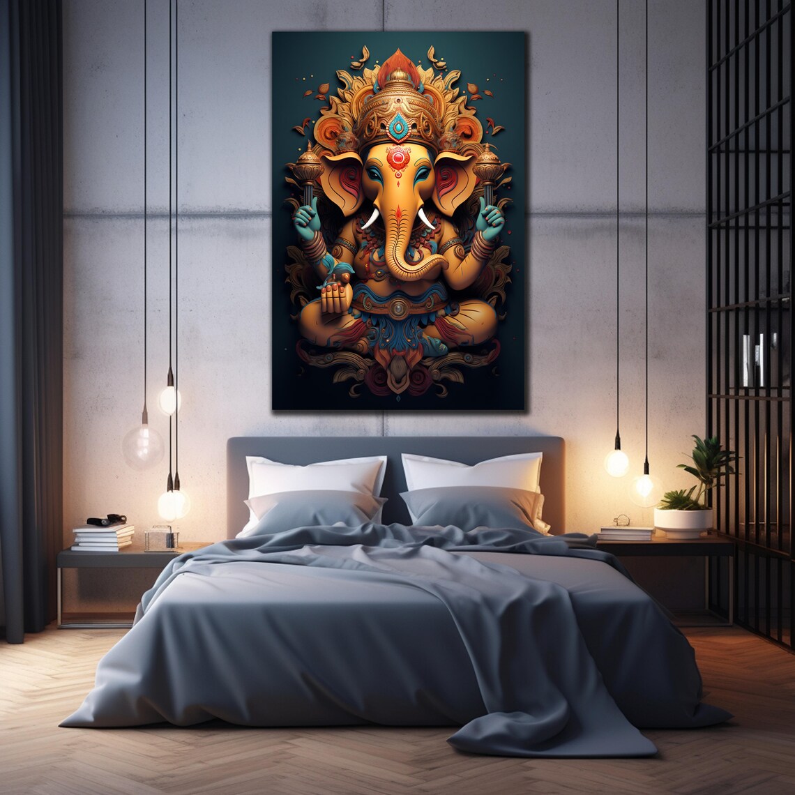 Golden Lord Ganesha Mandala Halo Teal Ornate Hindu Art Wall Poster - Image 2