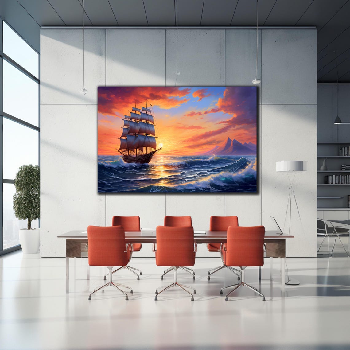 Sailing Ship Sunset Purple Mountains Ocean Waves Seascape Poster - Image 2